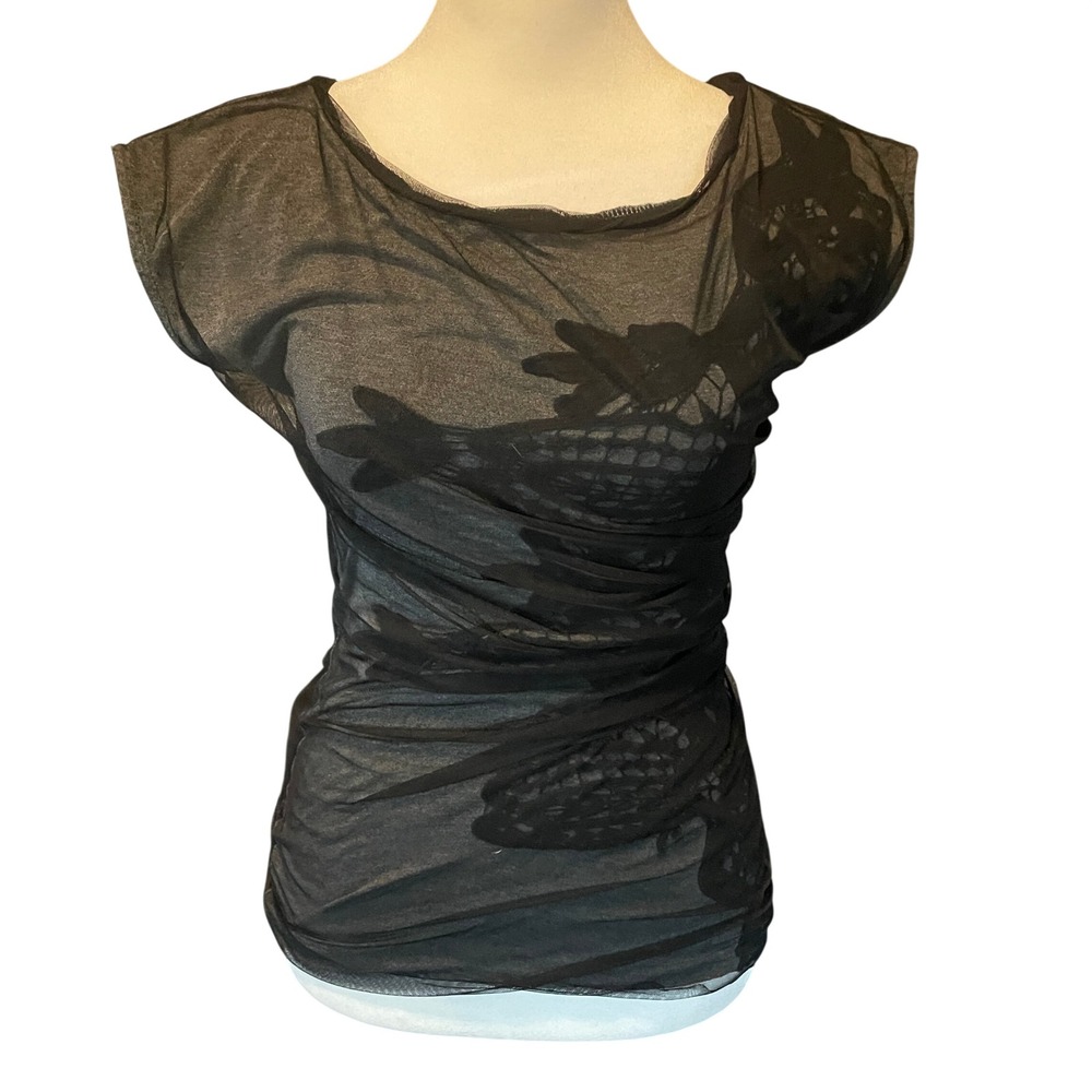Bordeaux Women Sheer Mesh Lined Goth Chic Romantic Velvet Burnout Top Black‎ XS